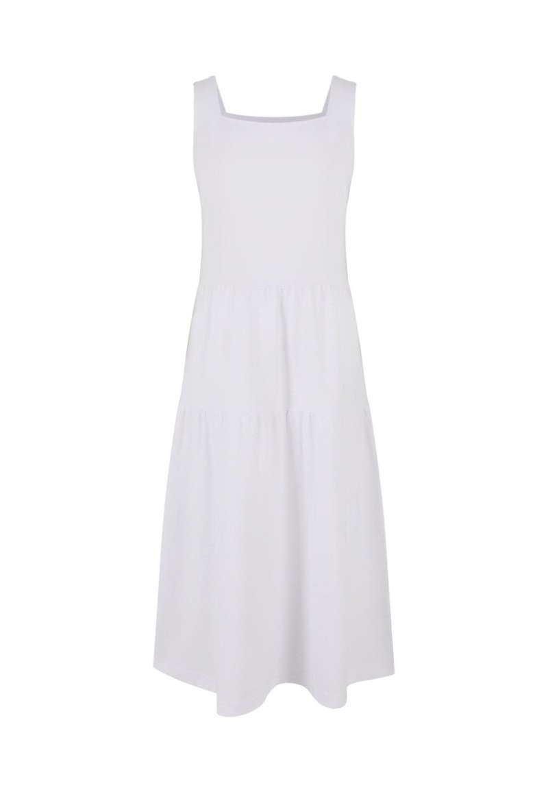 Robe blanche sans manches avec un décolleté carré, design à volants et tissu fluide. Texture lisse, longueur midi, sans motifs ni accents visibles.