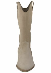 Stivale alto in suede beige con una texture liscia, punta affusolata e cuciture decorative. Presenta una cerniera corta e una linguetta per il tiraggio nella parte superiore.
