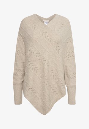 Beige v-ringad tröja med lös passform, med ett diagonalt ribbat mönster, öppna stickade texturer och långa ärmar som smalnar av vid handlederna.
