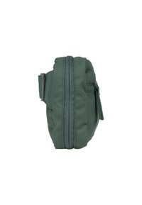 Borsa in tessuto verde con superficie texturizzata, dotata di una chiusura centrale con zip e manico laterale per un facile trasporto.