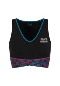 Seducente reggiseno sportivo nero con scollatura a V profonda, bordature blu e un elastico colorato con i loghi "EA7" e "Emporio Armani". Tessuto elastico.