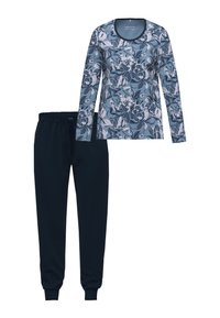Haut à manches longues bleu à motifs floraux associé à un pantalon de jogging à cordon bleu foncé uni avec des chevilles resserrées.