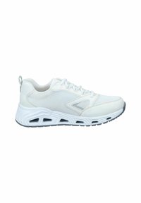 Weiße Sportschuhe mit einem Mesh-Obermaterial, strukturierten Akzenten, einer gepolsterten Sohle mit Belüftungsöffnungen und einer verstärkten Fersenschlaufe für einfachen Ein- und Ausstieg.