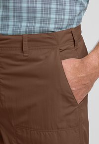 Bruine stoffen shorts met een gladde textuur, voorzien van een zijzak. De tailleband heeft een gordel lus en is gecombineerd met een blauw geruit shirt.