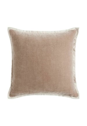 Square beige cushion with soft fabric texture and light-colored border trim on a white background.