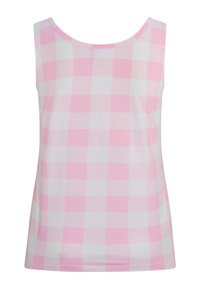 Top sin mangas en patrón de cuadros rosa y blanco, hecho de una tela suave. Presenta un escote redondo y un dobladillo recto.