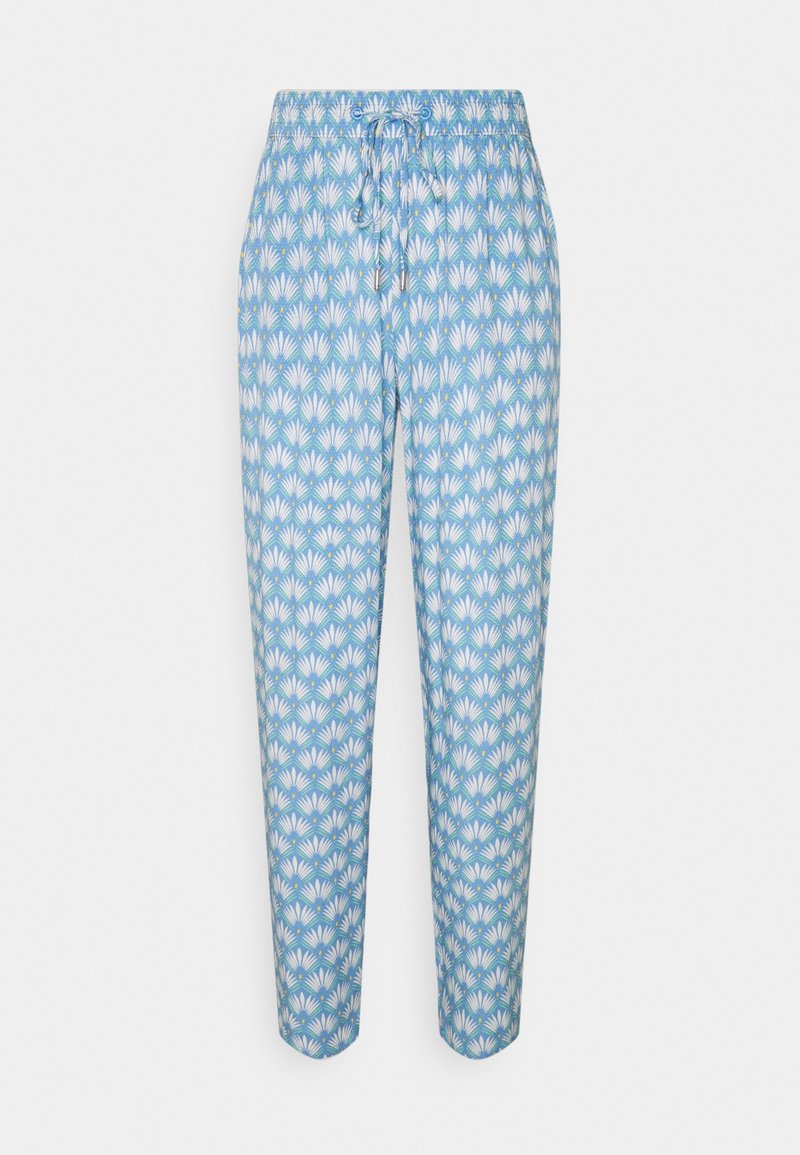 Jasnoniebieskie spodnie z białym i zielonym wzorem kwiatowym, z elastycznym paskiem w talii i sznurkiem do regulacji. Prosty krój nogawek.