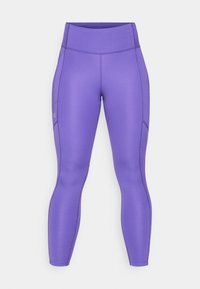 Leggings atletici a vita alta, di colore viola, a lunghezza piena, con cuciture laterali e logo Under Armour sulla coscia sinistra, su sfondo bianco.