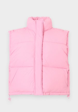 Roza brezrokavnik z visokim ovratnikom, sprednja zadrga skrita za tkaninsko zaskočno letvico in nastavljivimi vrvicami na spodnjem robu.