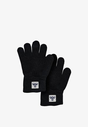 Czarne dziergane rękawiczki z pięciopalczastym wzorem. Charakteryzują się plecioną teksturą oraz naszywką z logo na mankiecie.