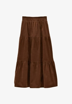 Brun lagdelt nederdel lavet af blødt stof med elastisk talje og tre lag med rynket detalje.