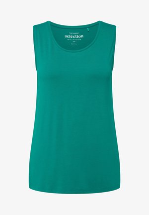 Een mouwloos teal-tanktop gemaakt van zacht materiaal, met een ronde halslijn en een relaxte pasvorm. Eenvoudig ontwerp, geen patronen of versieringen.