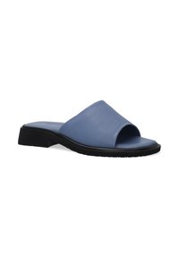 Blauwe instapsandalen met een open neusontwerp, een soepele synthetische bovenkant en een flexibele zwarte rubberen zool. Eenvoudige, lage vorm.