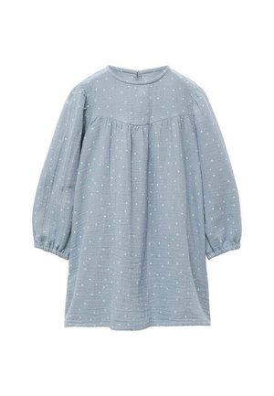 Hellblaues Kleid aus strukturiertem Stoff. Verfügt über einen gerafften Oberteil, lange gepuffte Ärmel und kleine weiße Punktmuster.