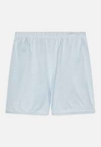 Pantaloni corti a righe blu chiaro con cintura elasticizzata, caratterizzati da una morbida consistenza e un tessuto liscio. Design semplice e stile informale.