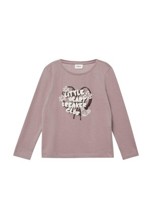 Langärmliges, hellmaulbeeres Hemd aus weichem Stoff mit einem Grafikdruck "LITTLE HEART BREAKER CLUB" in Weiß und Braun sowie floralen Akzenten.