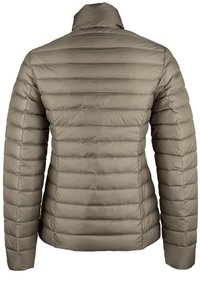 Gewatteerd jack in lichtbeige, met horizontale stiksels, een opstaande kraag en lange mouwen. Soepele textuur met een strak ontwerp.