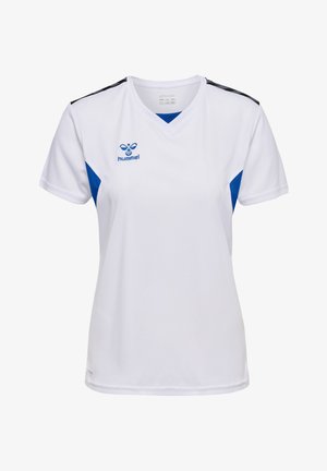 Hvid sportsjersey med blå accenter og sorte skulderstriber; har en v-hals og korte ærmer; lavet af letvægtigt stof.