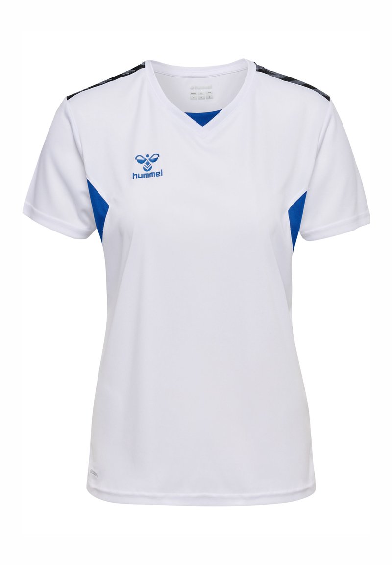 Vit sporttröja med blå detaljer och svarta axelränder; har v-ringning och korta ärmar; tillverkad av lättviktsmaterial.