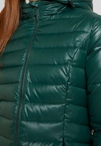 Chaqueta acolchada verde con una textura brillante y acolchada, que presenta un alto cuello, cierre frontal y diseño de capucha con cordón.