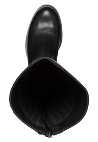 Botte noire en cuir montant avec un extérieur lisse, un bout arrondi et une doublure intérieure contrastante présentant un motif subtil à rayures. Détail de fermeture éclair inclus.