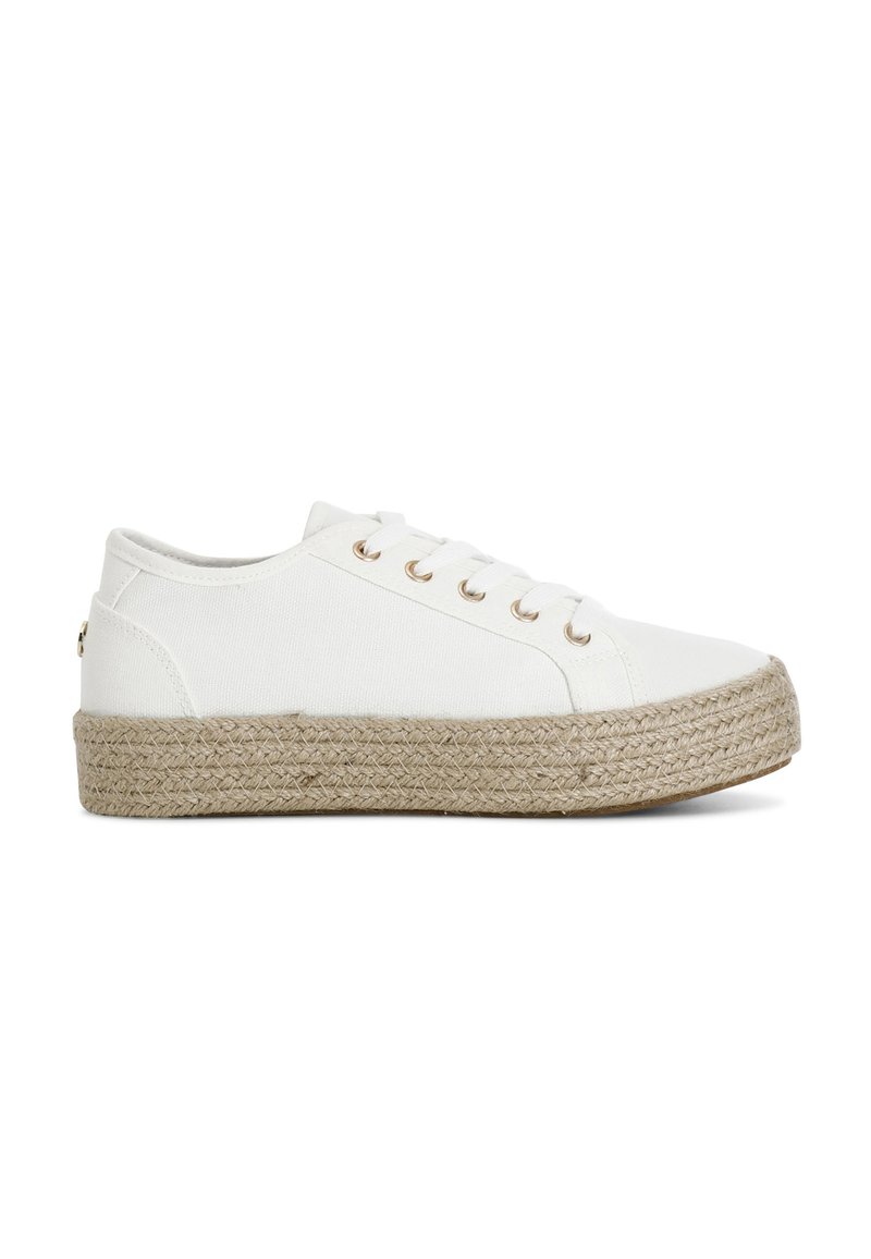 Zapatillas de lona blancas con suela de yute trenzado, que cuentan con ojales metálicos y una forma redondeada. Diseño simple con bajo y cordones.