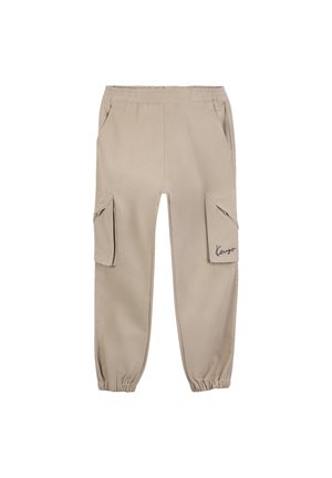 Beige Cargo-Hosen mit einem elastischen Bund, ausgestattet mit zwei Seitentaschen und zwei Cargo-Taschen, beendet mit einem gerafften Knöchelbund.