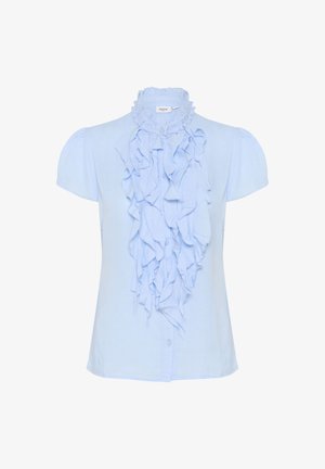 Lysblå kortærmet bluse med en rynket front, høj hals og blødt stof. Har knapper langs forsiden og indsamlede skuldersømme.