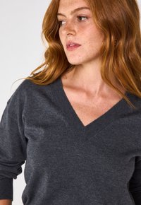 Pull à col V gris charbon en tissu doux, arborant une coupe décontractée et des poignets côtelés. Design simple et épuré sans motifs.