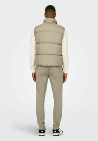 Gilet imbottito beige con collo alto, indossato sopra una camicia bianca a maniche lunghe, abbinato a pantaloni grigi chiari e sneakers nere.