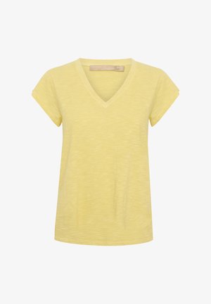 Žlté tričko s výstrihom do V vyrobené z jemnej tkaniny, s krátkymi rolovanými rukávmi a textúrovaným, ľahkým dizajnom pre pohodlie.