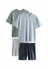 Tre-delt sæt: to kortærmede t-shirts i grøn og lyseblå samt grå og marineblå shorts. Bomuldsmateriale, afslappet design, elastisk talje.