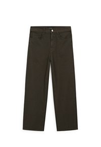 Dark green wide-leg jeans made of cotton blend, featuring a front button closure, five pockets, and classic denim stitching.