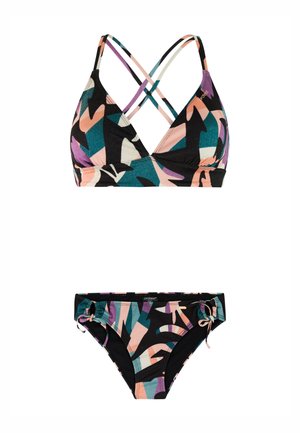 Bikini-Set in mehreren Farben mit schwarzer Basis und abstrakten Formen in Türkis, Pink und Lila. Verstellbare Träger am Oberteil und seitliche Bindungen am Unterteil.