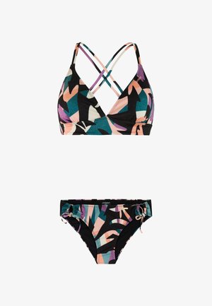 Bikini-Set in mehreren Farben mit schwarzer Basis und abstrakten Formen in Türkis, Pink und Lila. Verstellbare Träger am Oberteil und seitliche Bindungen am Unterteil.