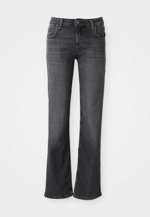 Dunkelgraue Jeans mit weitem Bein aus Denim, ausgestattet mit einem Knopf- und Reißverschluss, fünf Taschen und dekorativer Naht entlang der Säume.