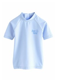 Hele sinine lühikeste varrukatega rash guard, mis on valmistatud venivast kangast, �ümmarguse kaeluse ja helesinise kiri "Vinge".