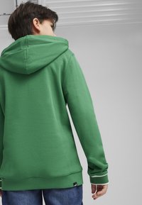 Felpa verde con cappuccio regolabile, polsini e orlo a coste, con un piccolo logo sull'angolo in basso a sinistra. Tessuto morbido ed elasticizzato.