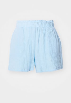 Lichtblauwe katoenen shorts met een gestructureerd, gekreukt design, voorzien van een elastische tailleband en zijzakken. Casual fit met een ontspannen stijl.