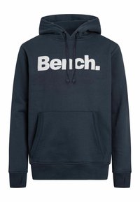 Haut à capuche bleu marine en mélange de coton, avec une poche kangourou à l'avant, un cordon de serrage pour la capuche et un grand logo "Bench." blanc. Texture douce.