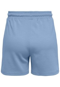 Světle modré bavlněné šortky s elastickým pasem. Mají hladkou texturu a jednoduchý design. Bez kapes nebo dalších detailů.