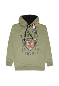 Sweat à capuche vert olive avec intérieur noir, arborant le texte "Park Ranger Endor" et une illustration d'un ours tenant une lance, fermeture à cordon.
