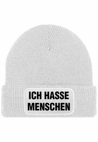 Gray knit beanie with a folded cuff featuring a rectangular patch that displays the text "ICH HASSE MENSCHEN" in bold black letters.