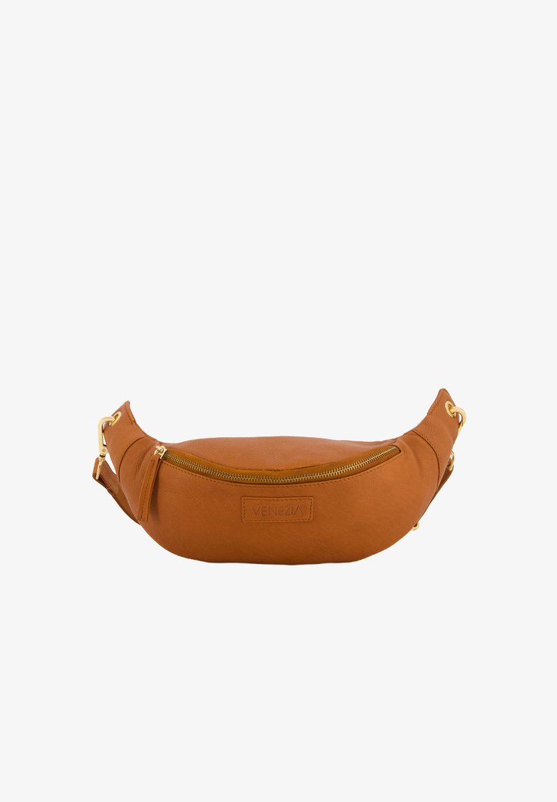 Brauner Leder-Hüftbeutel mit einer gebogenen Form, goldfarbener Reißverschluss und Logodetail. Verfügt über ein Hauptfach und einen verstellbaren Riemen.