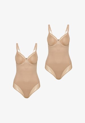 Nude bodysuit featuring smooth fabric, structured cups, thin straps, and a seamless design with shiny side accents. Two identical pieces shown.