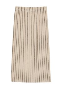 Jupe beige mi-longue avec des rayures noires verticales et une taille élastique.