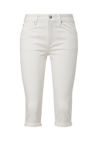 Valkoiset denim capri-housut, joissa on istuva muotoilu, napitus, etutaskut ja käänteet säädettävää pituutta varten.