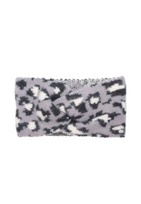 Bandeau en tricot en doux polaire gris avec un motif animal noir et blanc. Il présente un design torsadé à l'avant et un panneau arrière texturé.