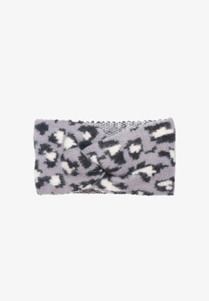 Gestricktes Stirnband aus weichem grauen Fleece mit einem schwarz-weißen Tiermotiv. Verfügt über ein gedrehtes Design an der Vorderseite und ein strukturiertes Rückenteil.