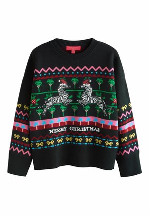 Mustat neulepusero, jossa on tiikeriraidallisia joulupukki-hattuja. Monivärisiä kuvioita palmupuista sekä teksti 'HYVÄÄ JOULUA' helmassa.